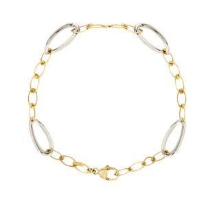 Bracciale in oro giallo e oro bianco 18kt maglia cheval, chiusura con moschettone.