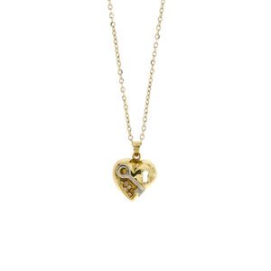 Collana maglia rolò in oro giallo, oro bianco 18kt e ciondolo a forma di cuore con serratura, chiave e 5 diamanti taglio huit huit da 0.01 ct cad. - Colore FG ; Purezza VS.