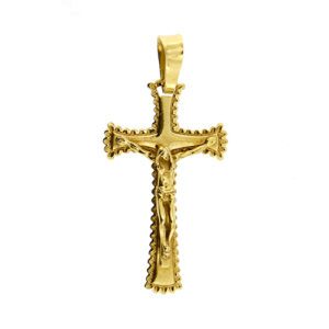 Ciondolo a croce con decorata a balze in oro giallo 18kt con Cristo.