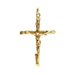 Ciondolo a croce lavorata con Cristo in oro giallo 18kt.