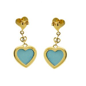 retro di orecchini pendenti oro giallo con cuore con diamanti e turchesi