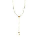 Collana rosario in oro giallo 18kt e finale con Cristo in croce; chiusura con moschettone sul davanti.