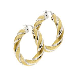 Orecchini a cerchio torchon in 2 ori, oro giallo e bianco 18kt con lavorazione satinata e lucida.