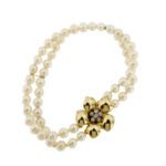 bracciale due fili con perle e fiore con diamanti in oro giallo