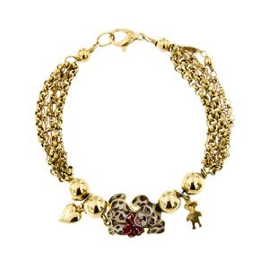 Bracciale multi filo in oro giallo 18kt a maglia mista con quattro sfere, due charms: un cuore e un topino e in centro con cane smaltato a mano con la tecnica dello smalto a fuoco. Brand: Gabriella Rivalta.