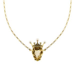 Collana maglia forzatina in oro giallo 18kt con quarzo citrino a goccia da 9.00 ct e corona con 3 perle da 3.5-4 mm, colore avorio. Brand: Merù.