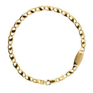 Bracciale uomo maglia traversino obliquo in oro giallo 18kt con placchetta 3 ori satinata.