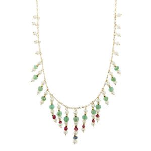 Collana maglia grumette alternata multifilo in oro giallo 18kt con perle d'acqua dolce, rubini, smeraldi e zaffiri pendenti.