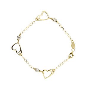 Bracciale maglia forzatina in oro giallo e oro bianco 18kt con 3 sfere e 3 cuori, chiusura con moschettone.