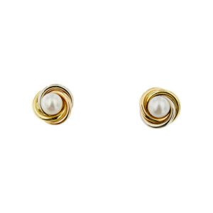 Orecchini a lobo in oro giallo, oro rosa e oro bianco 18kt con 2 perle d’acqua salata da 55-5.5 mm, colore bianco e sfumatura grigia; chiusura perno e farfallina.
