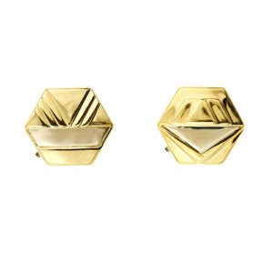 Copri bottoni gemelli esagonali in oro giallo e bianco 18kt con parte centrale satinata e cerchi decorativi lucidi.