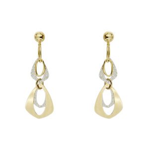 Orecchini pendenti in oro giallo 18kt con ovali e forme geometriche lucide ed elementi in oro bianco satinato, lavorato e chiusura con perno e farfallina. 