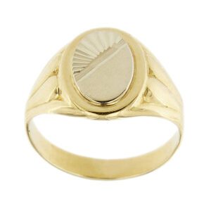 Anello uomo a scudo due ori, in oro giallo e oro bianco 18kt con ovale decorato.