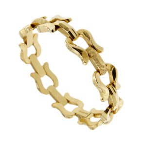 Bracciale vintage maglia a segmenti lucidi e lavorati in oro giallo 18kt con chiusura a cassetto e sicura.