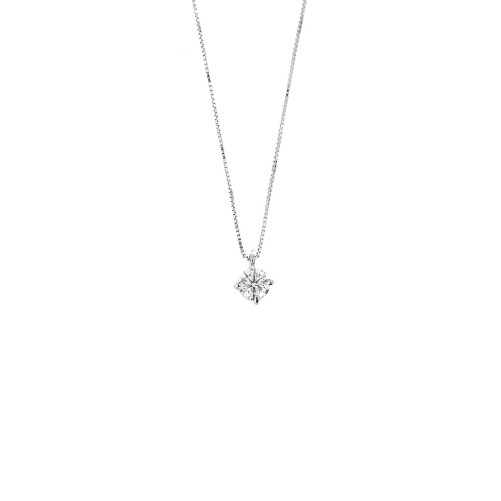 Collana punto luce maglia veneta in oro bianco 18kt con diamante rotondo taglio brillante da 0.38 ct; colore FG - purezza SI.