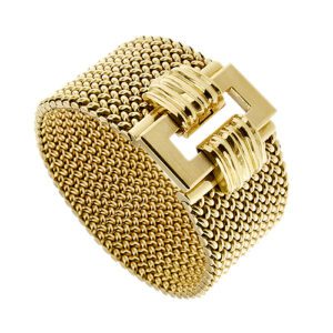 Bracciale a fascia maglia tessuto milanese in oro giallo 18kt con motivo rettangolare e chiusura a scatto.