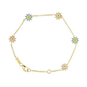 Bracciale maglia rolò in oro giallo 18kt con 5 fiori smaltati rosa, azzurro, chiusura regolabile. Brand: Fab.