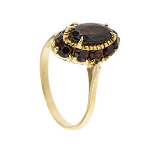 anello halo a fiore con granati in oro giallo foto lato 1