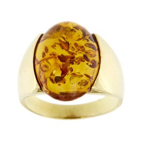 Anello a fascia in oro giallo 18kt con ambra ovale centrale (16x11mm).
