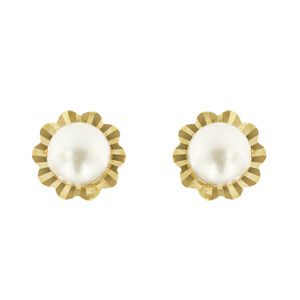 Orecchini a lobo a fiore in oro giallo 18kt con 2 perle di acqua salata da 7-7.5 mm, colore avorio, sfumatura rosa; chiusura perno con farfallina.