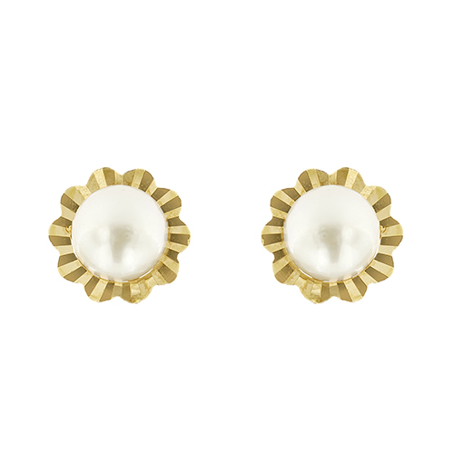 Orecchini a lobo a fiore in oro giallo 18kt con 2 perle di acqua salata da 7-7.5 mm, colore avorio, sfumatura rosa; chiusura perno con farfallina.