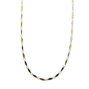 Collana uomo maglia a segmenti a cilindretto in oro giallo e oro bianco 18kt, alternati con targhetta e chiusura a moschettone.