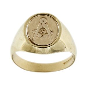 Anello uomo chevalier con tavola ovale girevole in oro giallo e rosa 9kt e simbolo massonico, manifattura inglese.