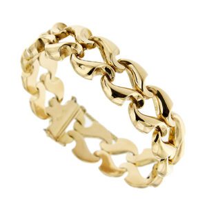 Bracciale vintage a fascia in oro rosa 18kt maglia originale a segmenti, chiusura a cassetto con sicura e catena maglia grumette.