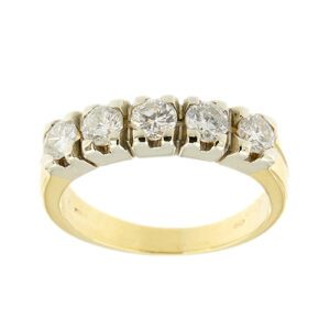 Anello riviere in oro giallo e oro bianco 18kt con 5 diamanti taglio brillante: 1 da 0.18 ct, 2 da 0.16 ct cad. e 2 da 0.15 ct totale 0.80 ct - colore GH e purezza SI.