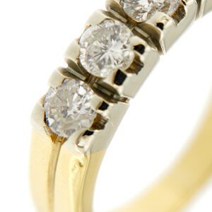 zoom dettaglio due ori e diamanti su anello riviere