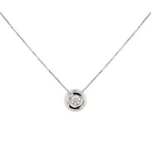 Collana maglia veneta in oro bianco 18kt con punto luce a cipollina con diamante taglio brillante da 0,20 ct - colore FG ; purezza SI.