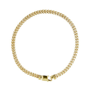 Bracciale in oro giallo 18kt, maglia coda di volpe doppia a sezione quadrata con chiusura a moschettone rotante. Brand: Unoaerre.
