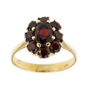 Anello a fiore in oro rosa 18kt con 9 granati: 1 centrale ovale e 8 rotondi intorno.