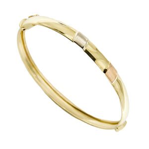 Bracciale rigido in oro giallo 18kt con decorazione in oro bianco e rosa satinato, chiusura a cassetto con sicura.