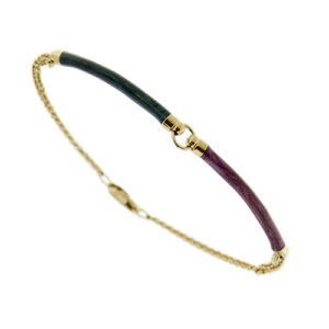 Bracciale maglia rolò doppia in oro giallo 18kt con due segmenti centrali smaltati in verde e bordeaux.