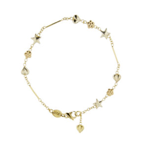 Bracciale maglia rolò alternata con segmenti, cuori, stelle e fiori in oro giallo, oro rosa e oro bianco 18kt, chiusura con moschettone.