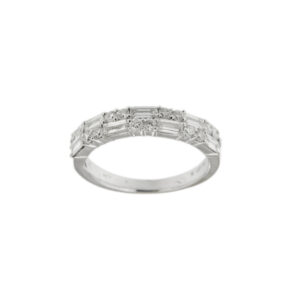 Anello riviere in oro bianco 18kt con 21 diamanti: 7 rettangolari taglio baguette da 0.09 ct cad. e 14 taglio brillante da 0.02 ct cad., totale 0.91 ct - colore FG e purezza VVS.