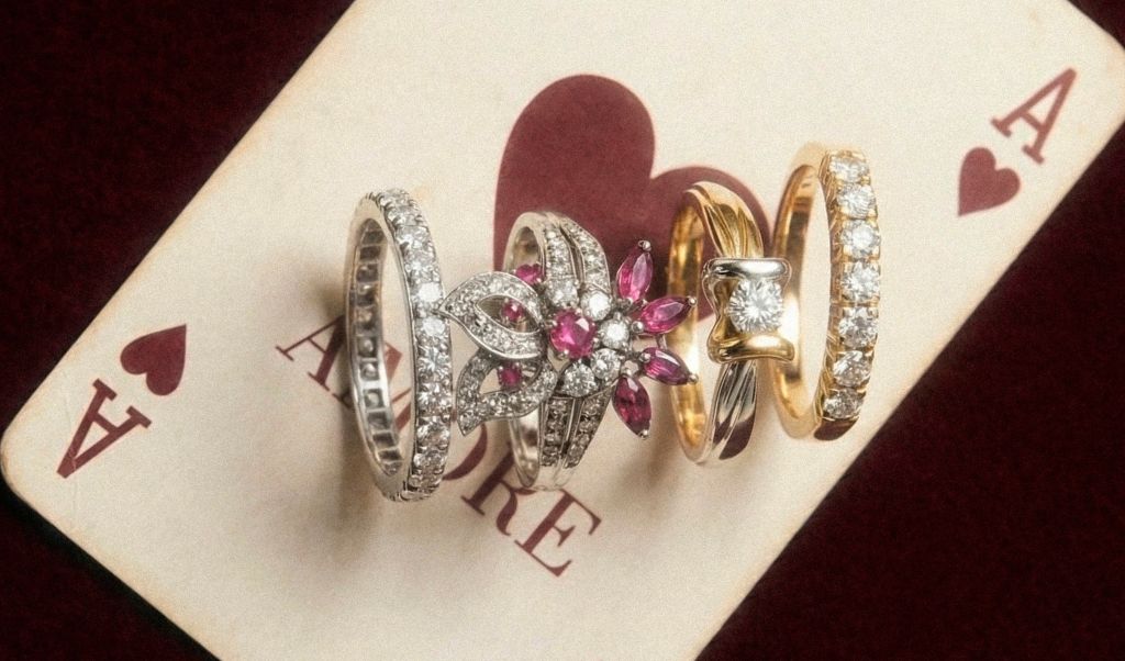 Foto articolo di blog: gioielli in oro per San Valentino con carte gioco "Amore"