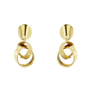 Orecchini pendenti a doppio anello incrociato con lavorazione lucida e satinata in oro giallo 18kt; chiusura a perno e farfallina.