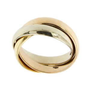 Anello trinity in con tre fedi intrecciate in oro giallo, oro bianco e oro rosa 18kt.