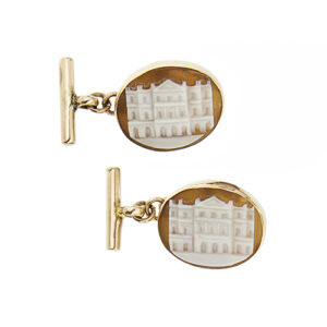 Coppia di gemelli in oro rosa 9kt con cammeo ovale raffigurante il teatro alla Scala di Milano.