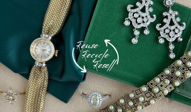 Foto banner home: gioielli preziosi preloved che rispettano l'ambiente. Gioielli dell'economia circolare: reuse, recycle, resell