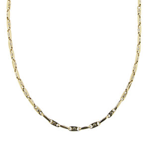 Collana maglia forzatina a segmenti in oro giallo con vite in oro bianco 18kt, chiusura originale squadrata e targhetta con marchio. Brand: Chimento.