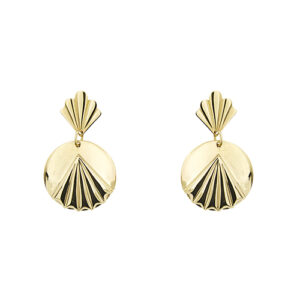 Orecchini pendenti in oro giallo 18kt a scudo con ventaglio decorato in rilievo, chiusura a perno e farfallina. Brand: Stella.