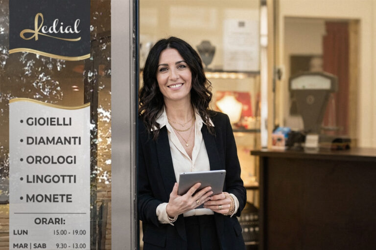 Store locator. Foto di signora all'apertura di negozio di gioielli e compro oro Ledial