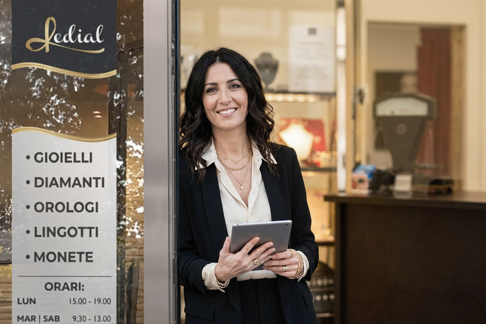 Store locator. Foto di signora all'apertura di negozio di gioielli e compro oro Ledial