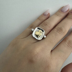 Foto gioiello indossata: anello argento e oro giallo Dodo girevole