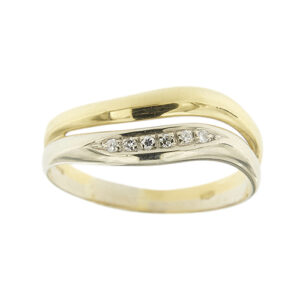 Anello doppia fede ondulata in oro giallo e oro bianco 18kt con 6 diamanti taglio huit huit da 0.01 ct cad, totale 0.06 ct, colore GH - purezza VS.