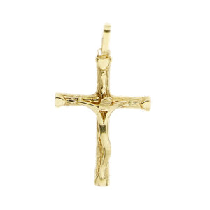 Ciondolo a croce in oro giallo 18kt con lavorazione effetto corteccia e Gesù stilizzato.