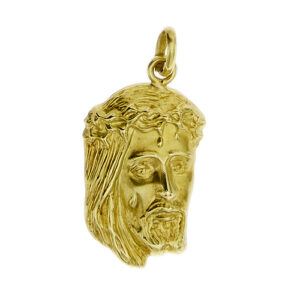 Ciondolo volto di Gesù in oro giallo con corona di spine.